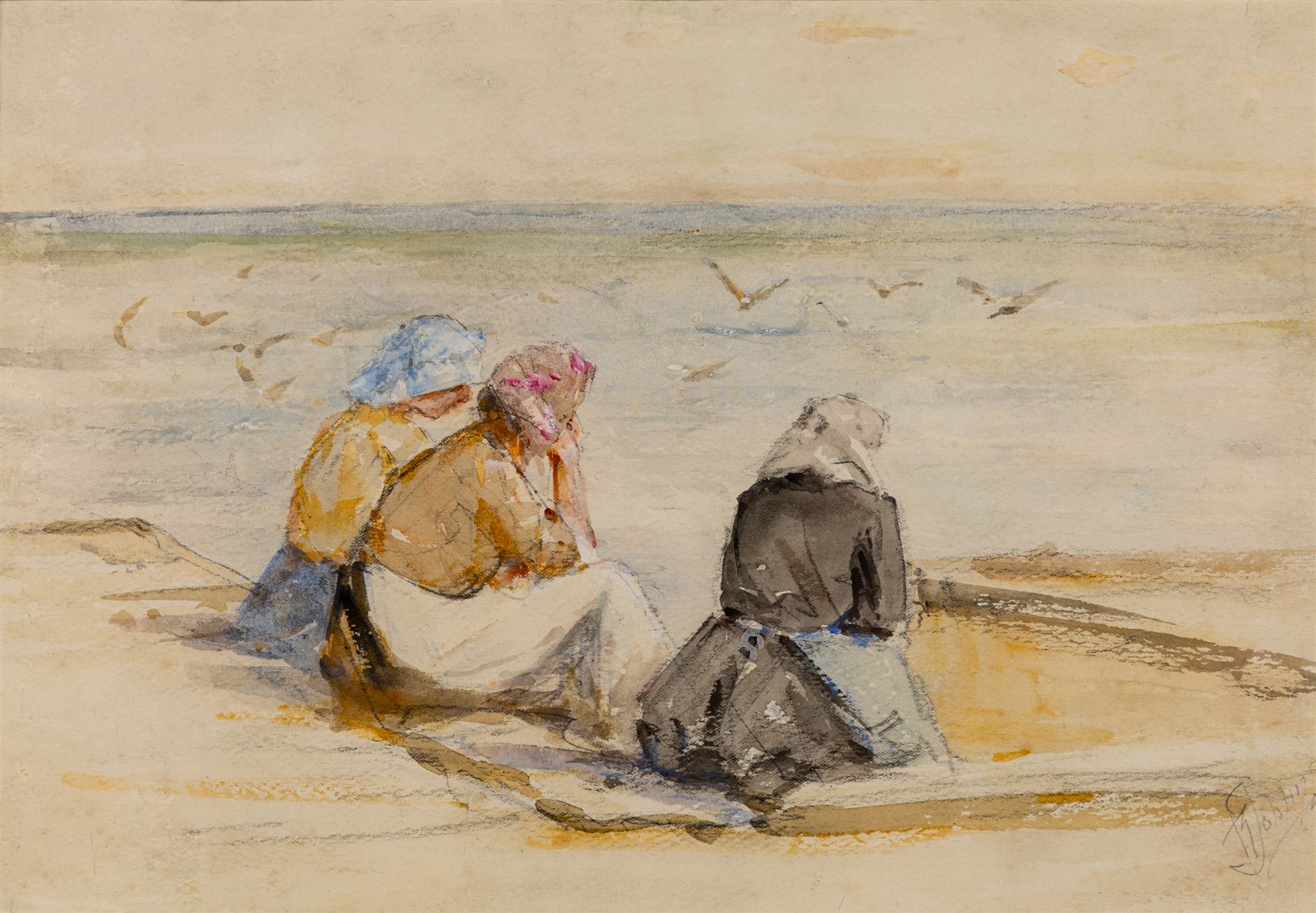 Robert Jobling (Staithes Group 1841-1923): Three Staithes Fishergirls Looking Out to Sea, watercolour signed 23cm x 33cm