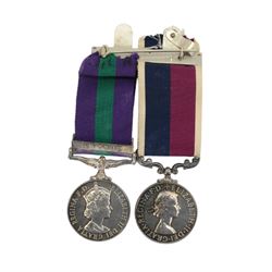 Queen Elizabeth general service medal with Cyprus clasp, RAF long service medal and  Campaign Service medal with South Arabia clasp, awarded to 582694 C.H. Tech E. Wickham R.A.F, together with miniatures for the general service medal and long service medal