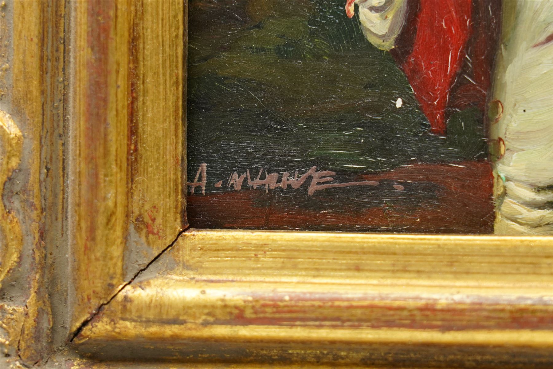 English School (20th century): Portait of a Boy with a Bat and a Ship Portrait, two oils on wood panel in matching gilt frames indistinctly signed 16cm x 11cm and 11cm x 16.5cm (2)