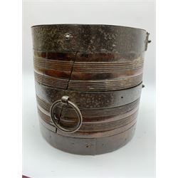 18th century elm grain measure, of cylindrical form with banded decoration, bound with iron mounts and twin ring handles, H26cm D28cm