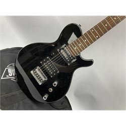 Dean small or child's size electric guitar in black, serial no.O09121956 L85cm; in gig bag; and modern student's violin with 35.5cm two-piece back in fitted carrying case with older bow (2)