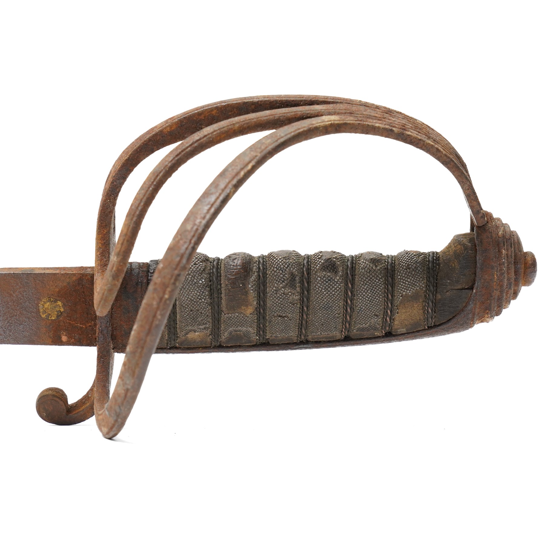 Victorian Royal Artillery officers sword with owners crest and initials, blade length 89cm and a copy of a mediaeval helmet