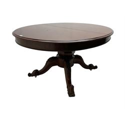 Victorian mahogany extending oval dining or breakfast table, turned octagonal vasiform pedestal on four splayed supports carved with scrolls and flowers, terminating in brass and ceramic castors 