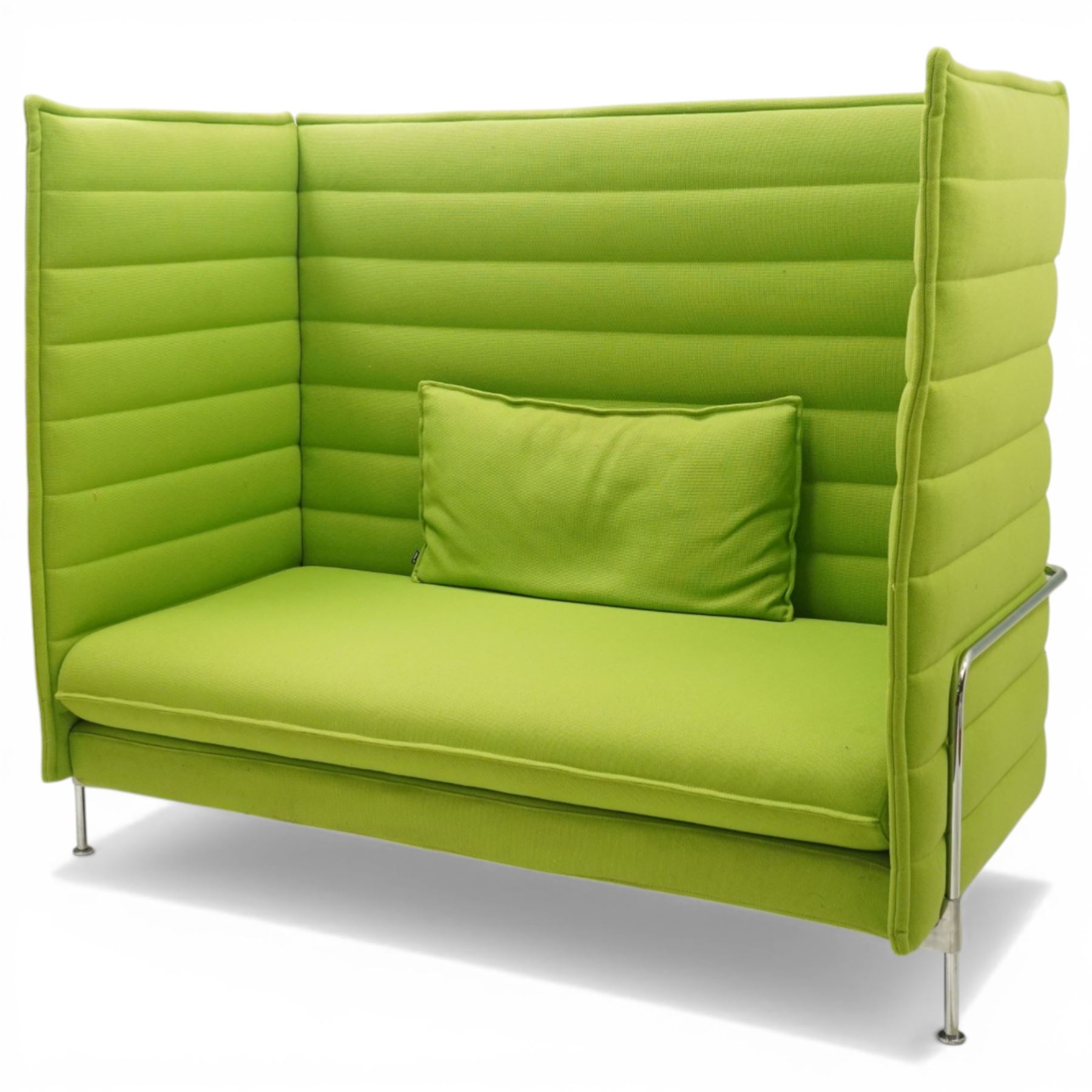 Ronan and Erwan Bouroullec (1971- ; 1976-) - Vitra ‘Alcove’ sofa, with high winged sides and back upholstered in green ‘Credo’ fabric with horizontal channel detailing, fitted seat cushion and scatter cushion, on chrome tubular frame supports
