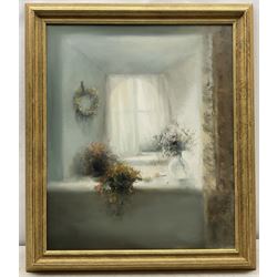 Judith Levin (British 1956-): Floral Arrangements beside a Window, oil on canvas signed 60cm x 50cm 