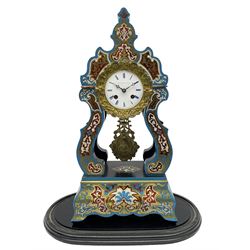 Breguet A Paris - Mid-19th century 8-day French portico clock, ebonised case with brass and cloisonne inlay, on a rectangular plinth with a shaped base, white enamel dial with blue Roman numerals, minute track and steel trefoil hands, cast brass bezel with scroll and foliate decoration and a conforming gridiron pendulum, twin train going barrel movement with a countwheel strike sounding the hours and half-hours on a bell, with an ebonised base and glass dome. 