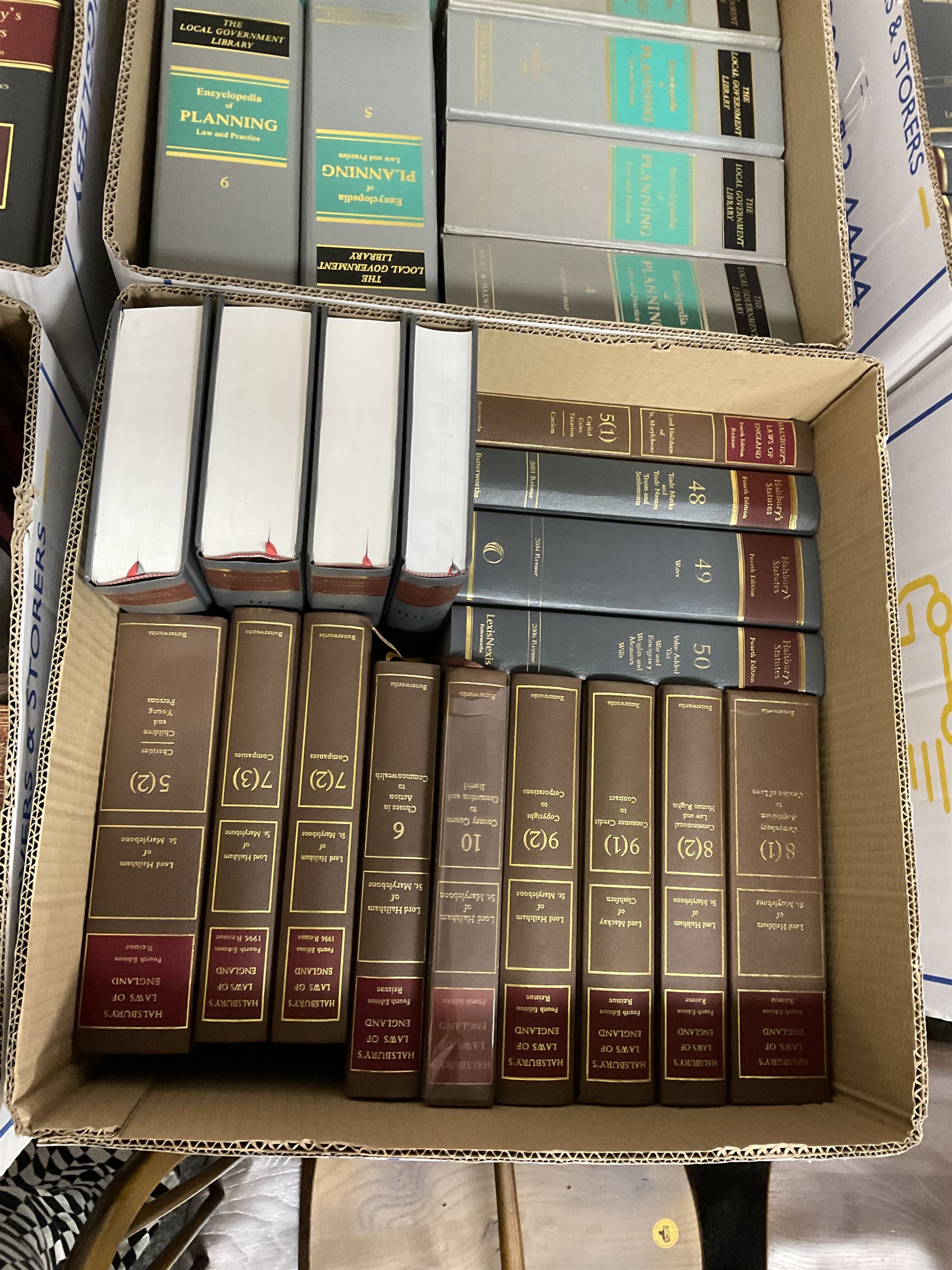Large collection of law books, to include Halsbury’s Statutes, Atkin’s Court Forms, Current Law Year Books etc, in seventeen boxes