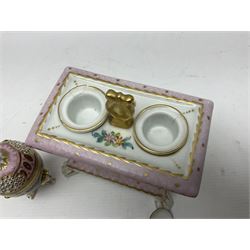 Limoges France hand painted ink well pot stand with lion paw feet, together with  pot pourri vase and cover in the shape of an egg raised on three scroll feet, ink well H14cm 