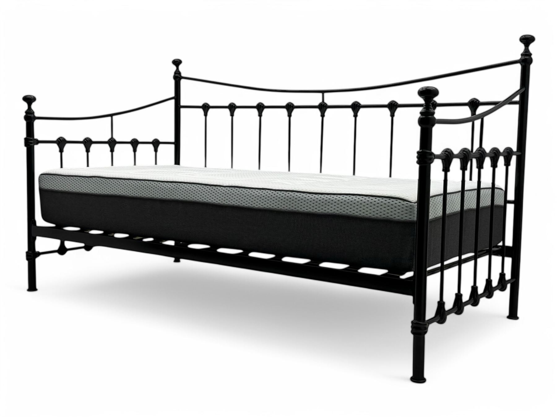 Contemporary Victorian revival black metal day bed, featuring arched back and sides with turned finials and spindle rails, complete with single 'OTTO' mattress