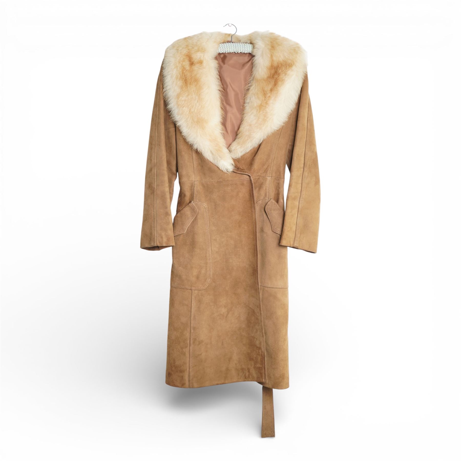 Mink coat, 1970s lamb fur trimmed coat, suede coat and Tom Bawker cream coat, and two pairs of ladies shoes approx size 8 (6)