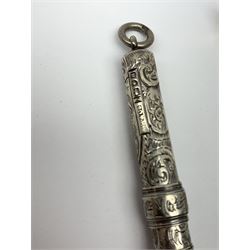 A late Victorian Sampson Mordan & Co silver push action propelling pencil, with foliate engraved decoration and suspension ring terminal, hallmarked Sampson Mordan & Co, London 1896, together with a group of vintage pens including examples by Eversharp, a number marked Silver Plated, Rolled Gold, and Gold Filled. 