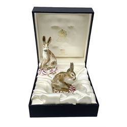 Two Halcyon Days porcelain figures of hares, inspired by Bow porcelain hare c1755, in box 