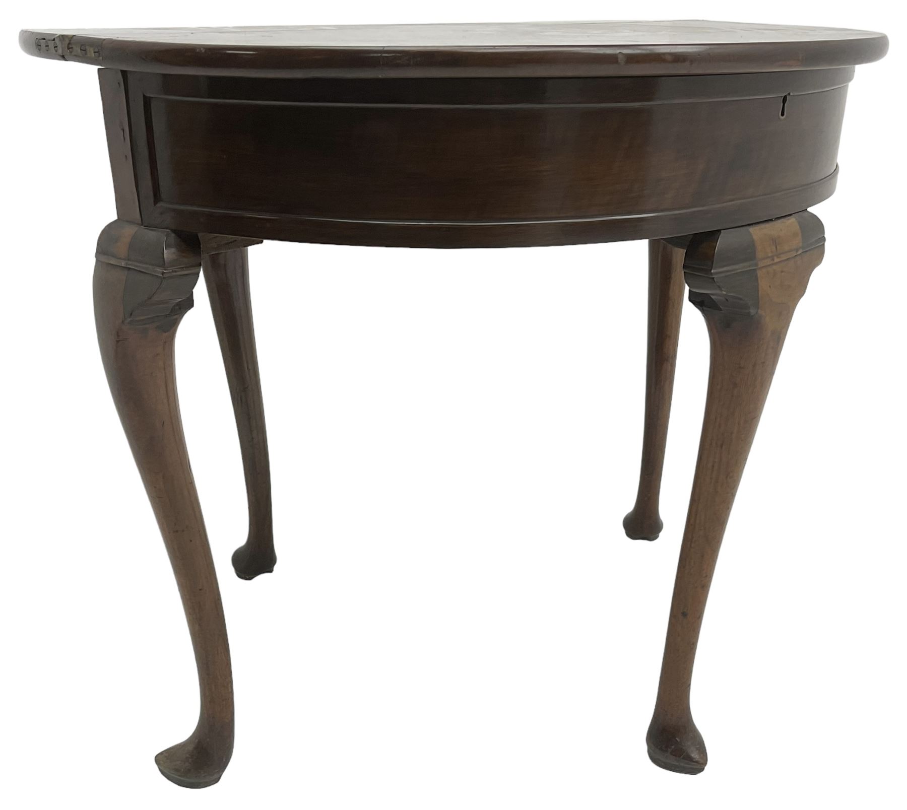 19th century walnut demi-lune side table, hinged two leaf top revealing storage well and flat surface, single gate-leg action base, on cabriole supports with pointed feet