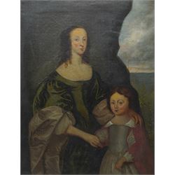 English Provincial School (Late 17th century): Portrait of a Lady and Child in a Landscape...