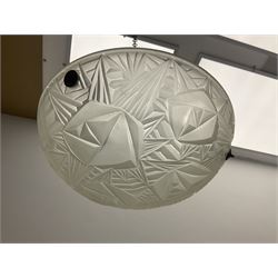 Art Deco glass ceiling light, the domed bowl shade with frosted geometric pattern suspended by three chains, D30cm