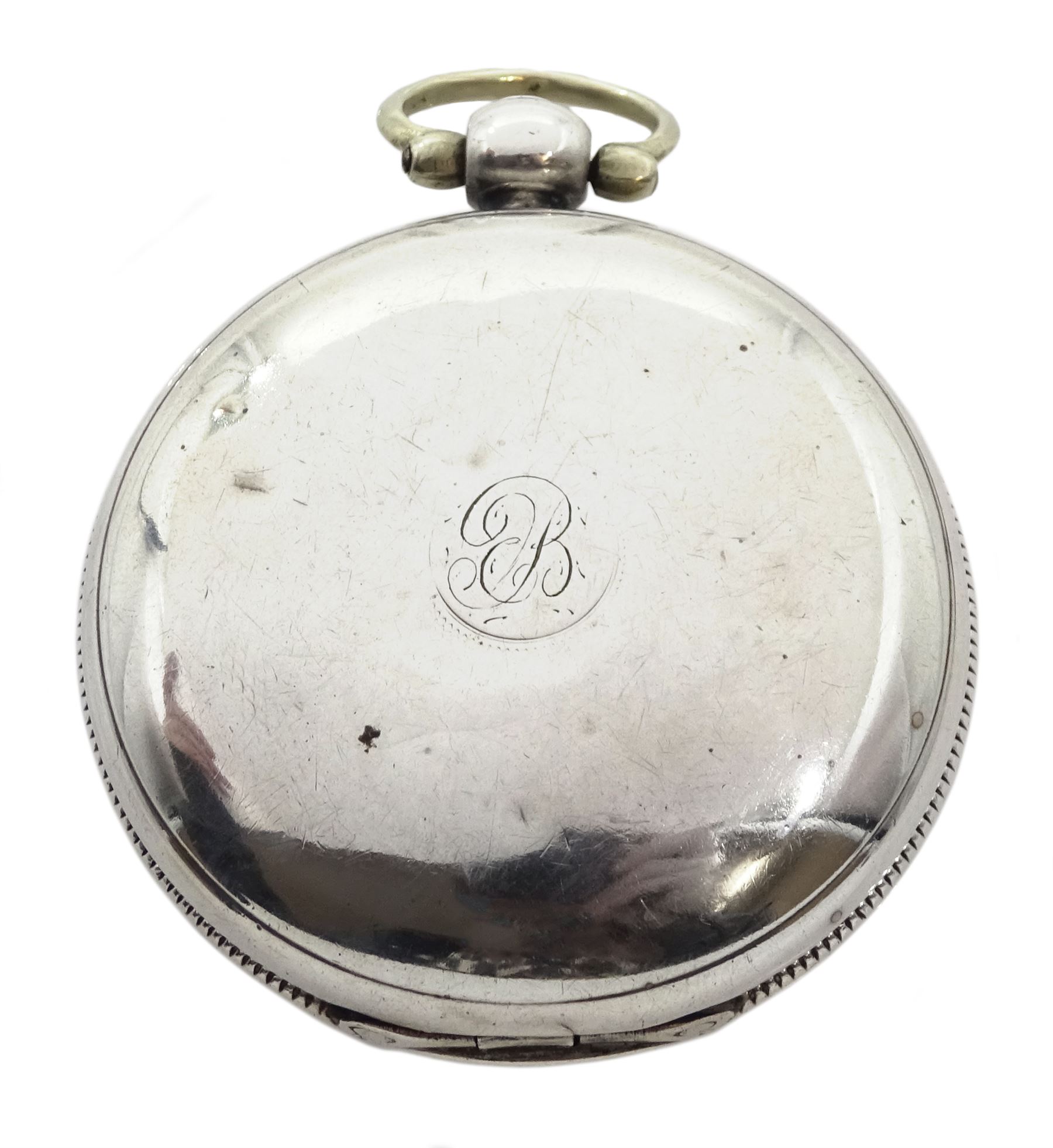 19th century silver full hunter verge fusee pocket watch by George Martin, London, No. 6756, round pillars, pierced and engraved balance cock decorated with a mask, white enamel dial with Roman numerals, case makers mark J A T, London 1830