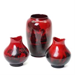 Royal Doulton flambe vase decorated with a rural landscape H17cm, another 'Veined' H11cm a...