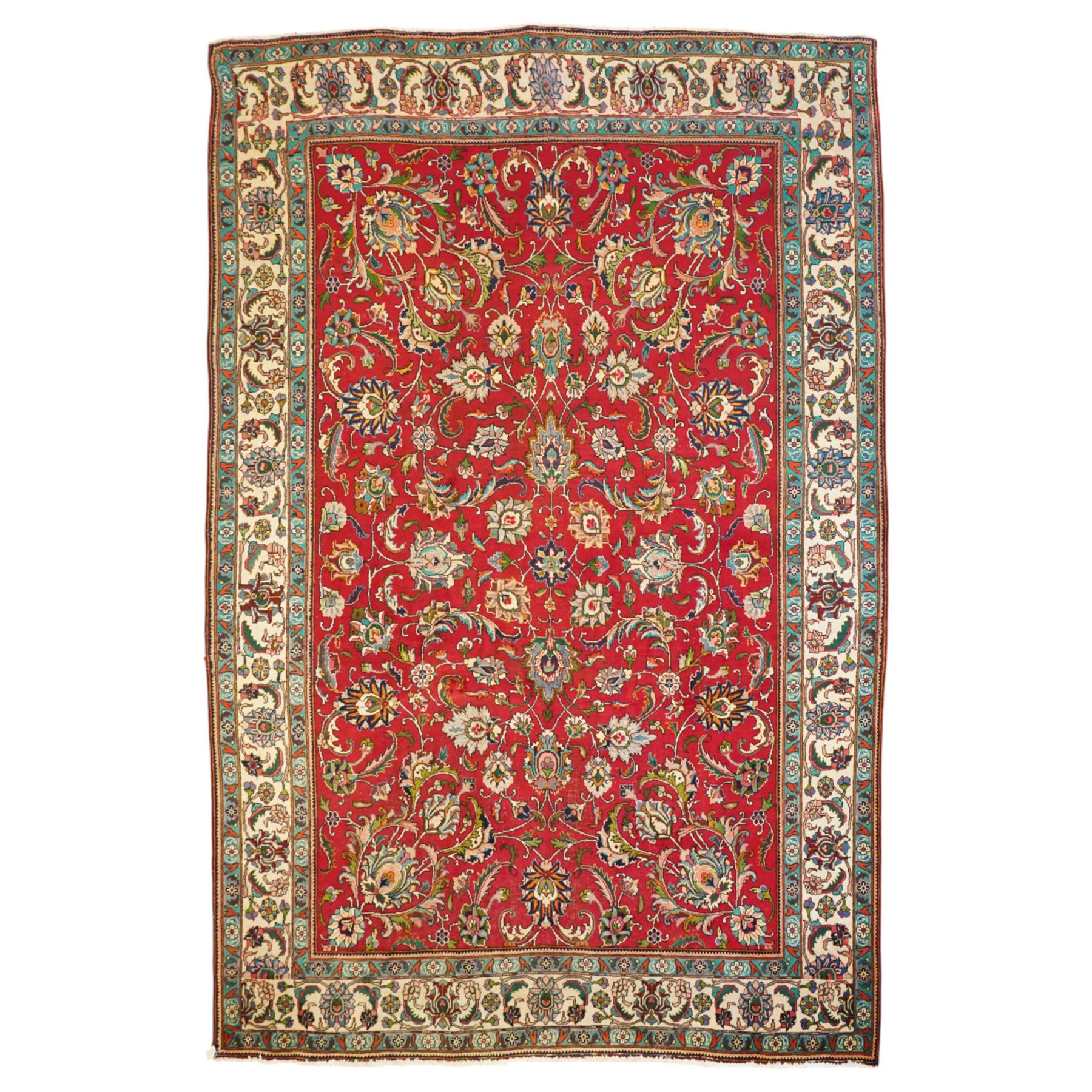 Persian Kashan carpet, red madder field, all over design of scrolling palmettes and flowering vines framed by an ivory border of lotus and arabesques between turquoise and red floral guards 294x387cm