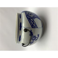 Chinese blue and white bowl, probably 18th century, of bulbous form with later mounted twin handles, decorated with figural scenes of Guanyin, with concentric circle mark beneath and label inscribed Kangxi, rim D20cm