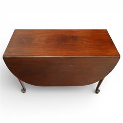 20th century mahogany drop leaf dining table, demi lune leaves above tapering legs with pad feet 