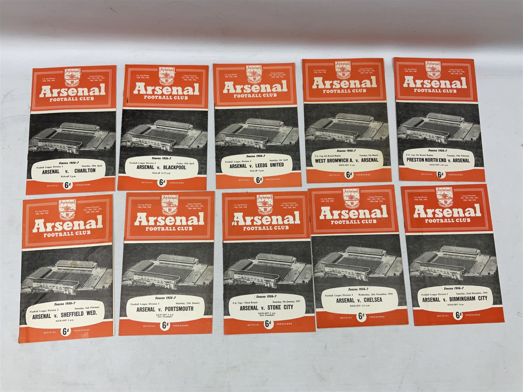 Arsenal F.C. - forty-nine home programmes for 1956/57 (21), 1957/58 (13) & 1958/59 (15) including Division One, F.A. Cup (including replays) and Friendly Matches (49). Auctioneers Note: The February 1st match against Manchester United (result Arsenal 4 Manchester United 5) was the final domestic league match played by the Manchester United first team before the Munich Air Crash - thus it was the last game played in the U.K. by the 'Busby Babes', before the tragic death of several of these players.