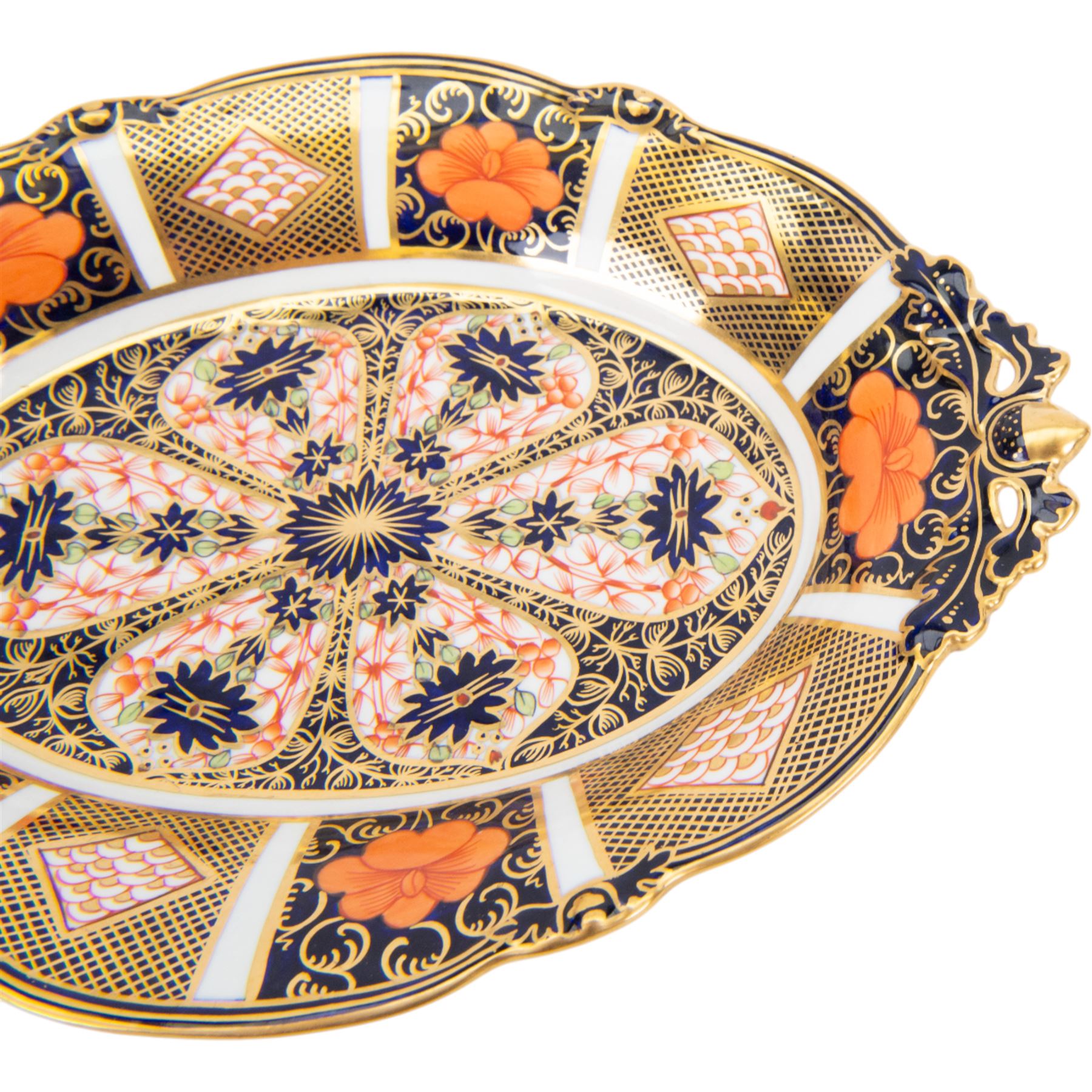 Royal Crown Derby dish, Imari 1128 pattern, of lozenge form, with pierced handles moulded with acorn terminals, L30cm