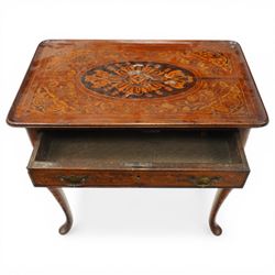 18th century Dutch marquetry side table, rectangular tray top decorated with floral inlays, fitted with a single cock-beaded drawer over shaped apron, raised on cabriole supports with pad feet