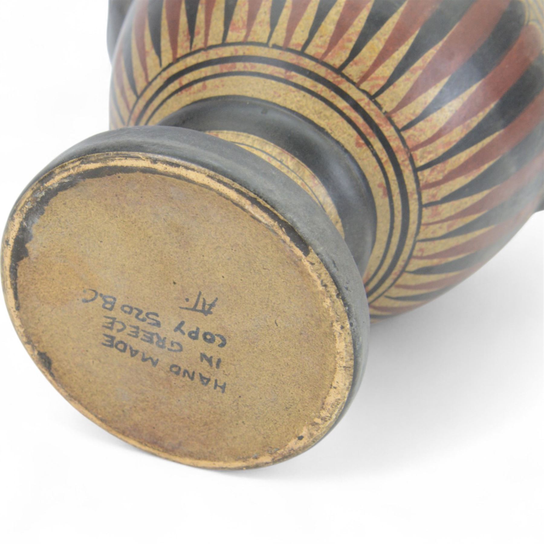 20th century Grecian urn, with twin handles and fluted rim, marked beneath 'Copy 520 BC' handmade in Greece, H31cm