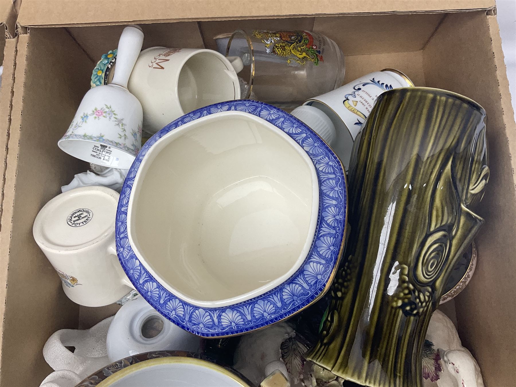 Sadler Celery face pot, Noritake planter, Ringtons blue and white jar, Royal commemorative ware, and a collection of other ceramics, in two boxes 