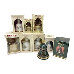 Bells, Scotch whisky, in eight Wade ceramic decanters, including Christmas 1992, Queens 60th birthday, Birth of Prince William etc, various contents and proof   