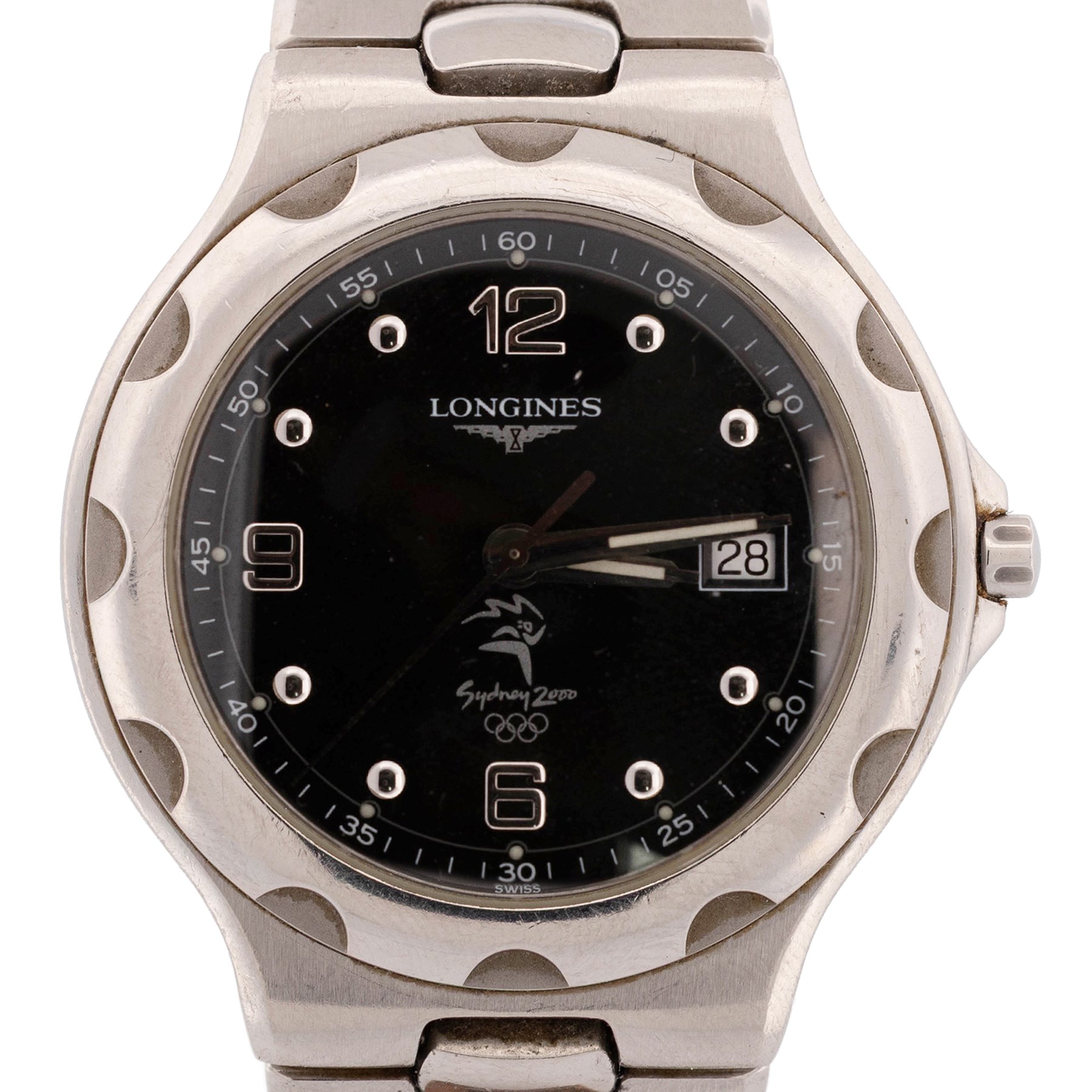 Longines Conquest Sydney 2000 Olympic Games gentleman's stainless steel quartz wristwatch, Ref. L1.633.4.96.6, black dial with Arabic and dot hour markers and date aperture, on stainless steel bracelet, with fold-over clasp, boxed with guarantee card dated 2002