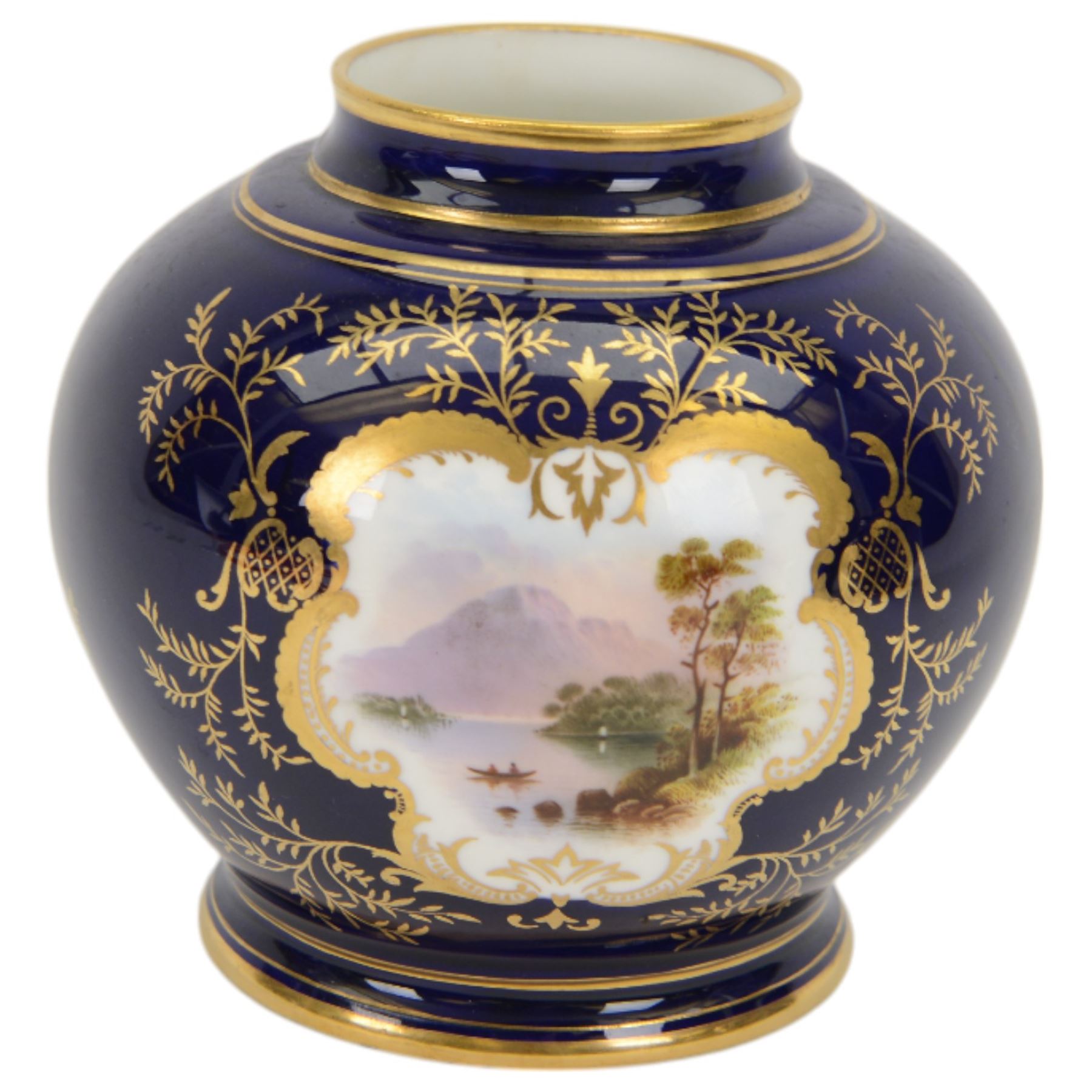 Pair of early 20th century Coalport vases, each of squat bulbous form, decorated with hand painted reserves of landscapes against a blue ground heightened with gilt, with printed marks beneath and numbered V5146 in gilt, H13cm, and a similar smaller example painted with a reserve of an exotic bird, numbered 5146, H11cm