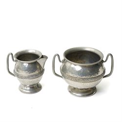 Early 20th century Arts & Crafts fruit dish by Walter Somerfield of the Leicester Art School, H16.5cm; silver plated tea service with trailing floral decoration, and various other hammered pewter items (8)