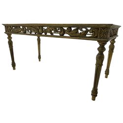 Rectangular giltwood coffee table base, pierced and foliage scroll frieze rails, on turned and fluted supports with acanthus leaf decoration