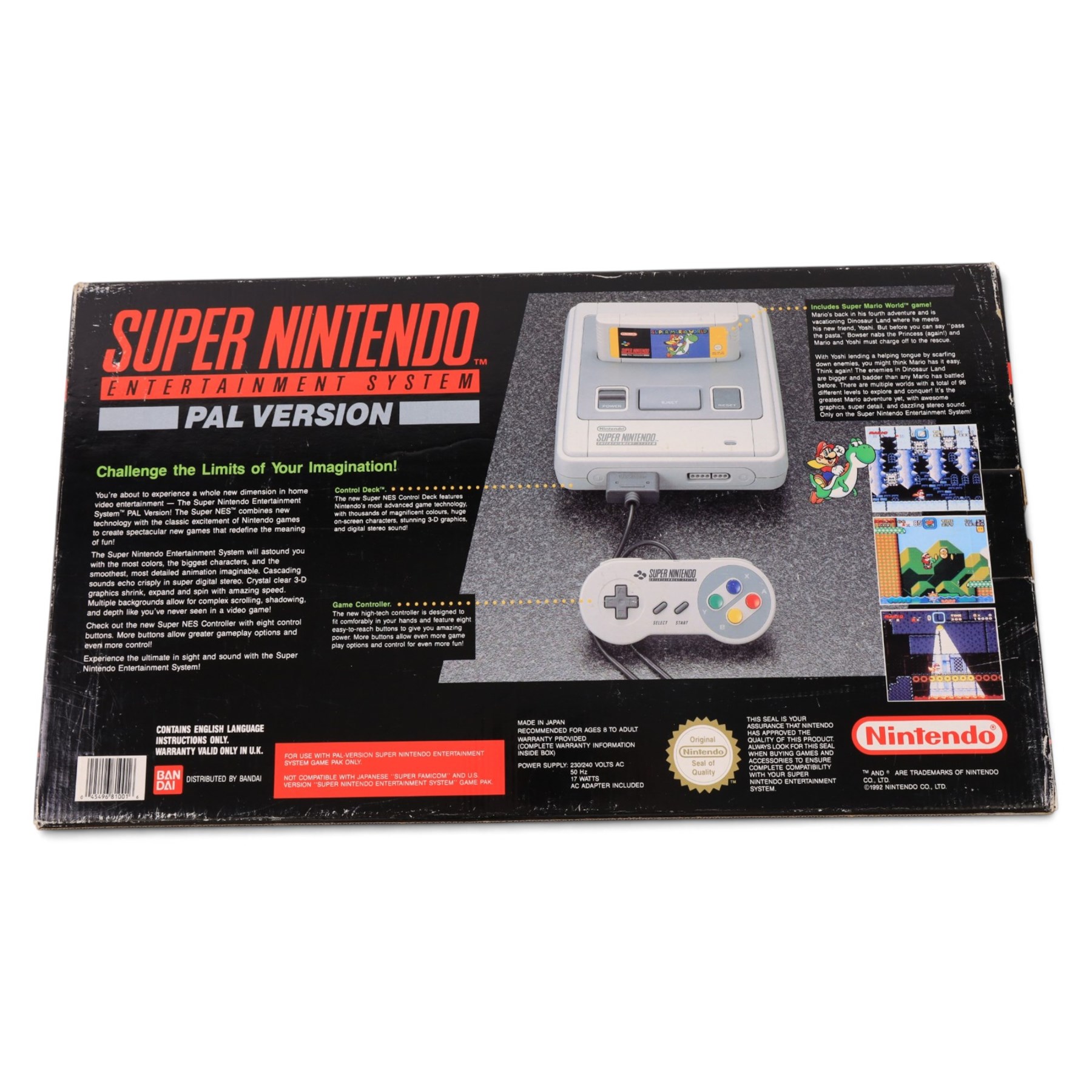 Super Nintendo Entertainment System Pal Version, comprising Super NES Control Deck, Super Mario World Game Pack, two controllers, aerial switch box and AC adapter, boxed