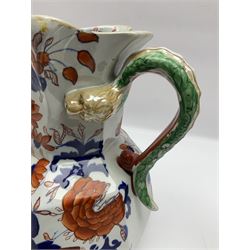 Two Masons Ironstone jugs, each in the Imari palette with serpent handles, with maker's mark beneath, tallest H24cm