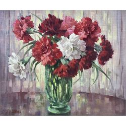 W H Jones (20th century): Still Life of Carnations, oil on canvas board signed 29cm x 34cm
Provenance: with James Starkey Galleries, Beverley, East Yorkshire