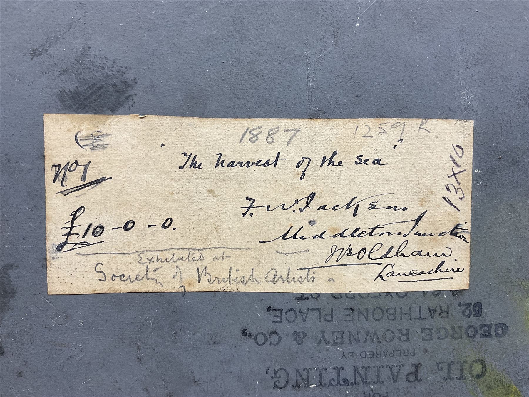 Frederick William Jackson (Staithes Group 1859-1918): 'The Harvest of the Sea', oil on canvas board signed and dated 1887, original title label verso with artist's Oldham address 24cm x 32cm