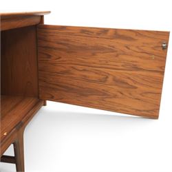 John Herbert for Youngers - 'Fonseca' mid-century teak sideboard, rectangular top above a central bank of three drawers one fitted for cutlery, flanked by cupboards with fixed shelved interior, raised on tapering supports 