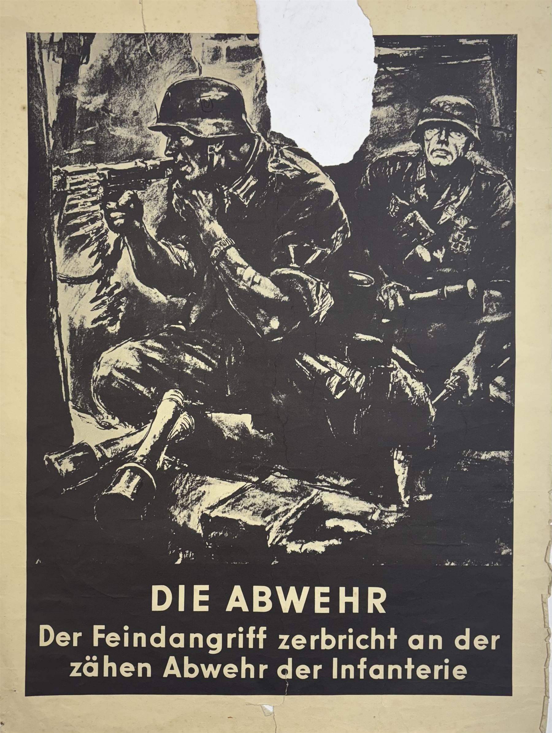 German Third Reich recruiting poster 'Die Abwehr', The Defence the enemy attack brakes down due to the tough defense of the Infantry, H56cm, W41cm 