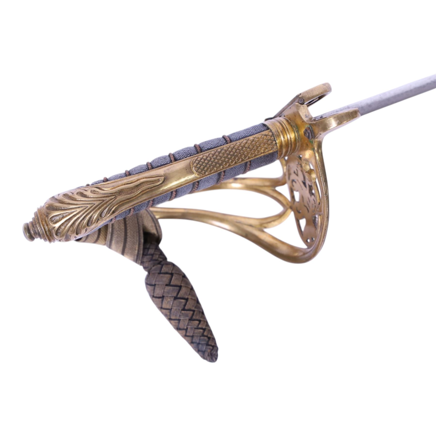 British 1822 pattern, named, infantry officers' sword, the 82cm slightly curved and fullered single edged blade engraved on both sides, bears the Victorian coat of arms and the owners initials 'GB', ricasso marked Grindlay & Co London, the brass basket guard with Victoria cartouche and fold down rear flap, shagreen bound grip with original wire binding and gilt sword knit, with brass scabbard, twin suspension rings and steel chape mount, overall L102cm  