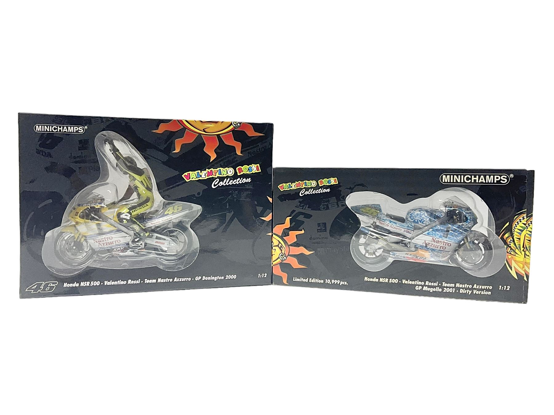 Two Minichamps limited edition Valentino Rossi Collection 1:12 scale die-cast motorcycles - Honda NSR500 Valentino Rossi Team Nastro Azzurro GP Donington 2000 with rider; and Honda NSR500 Valentino Rossi Team Azzurro GP Mugello 2001 Dirty Version; both boxed (2)