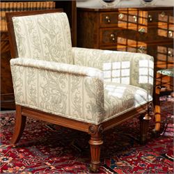 William IV rosewood framed library armchair, squared form with green on ivory ground uphol...