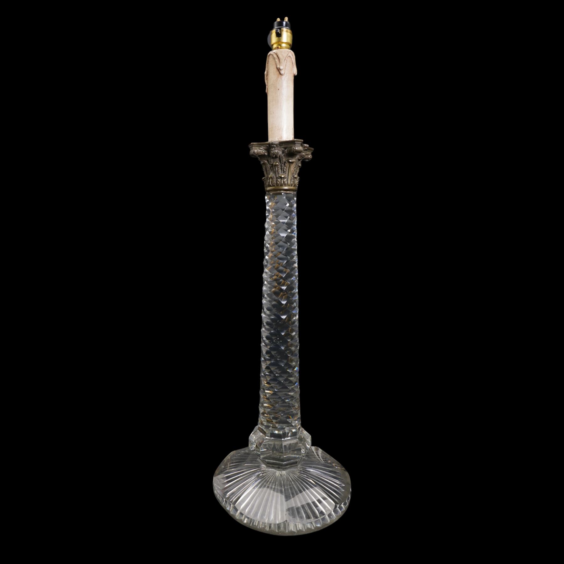 Near pair of large 19th century cut glass table lamps, each of columnar form with diamond cut tapering stem and silver plated Corinthian capital, raised upon a circular faceted foot (one slightly smaller), H71cm overall 
