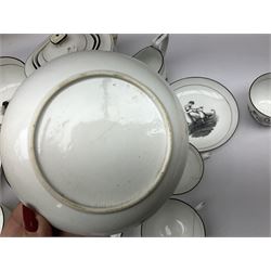 Early 19th century Staffordshire bat printed part tea service, decorated in black after Adam Buck with scenes of mother and child and other varying classical style scenes, within black bands, comprising teapot, slop bowl, jug, seven teacups and five saucers 