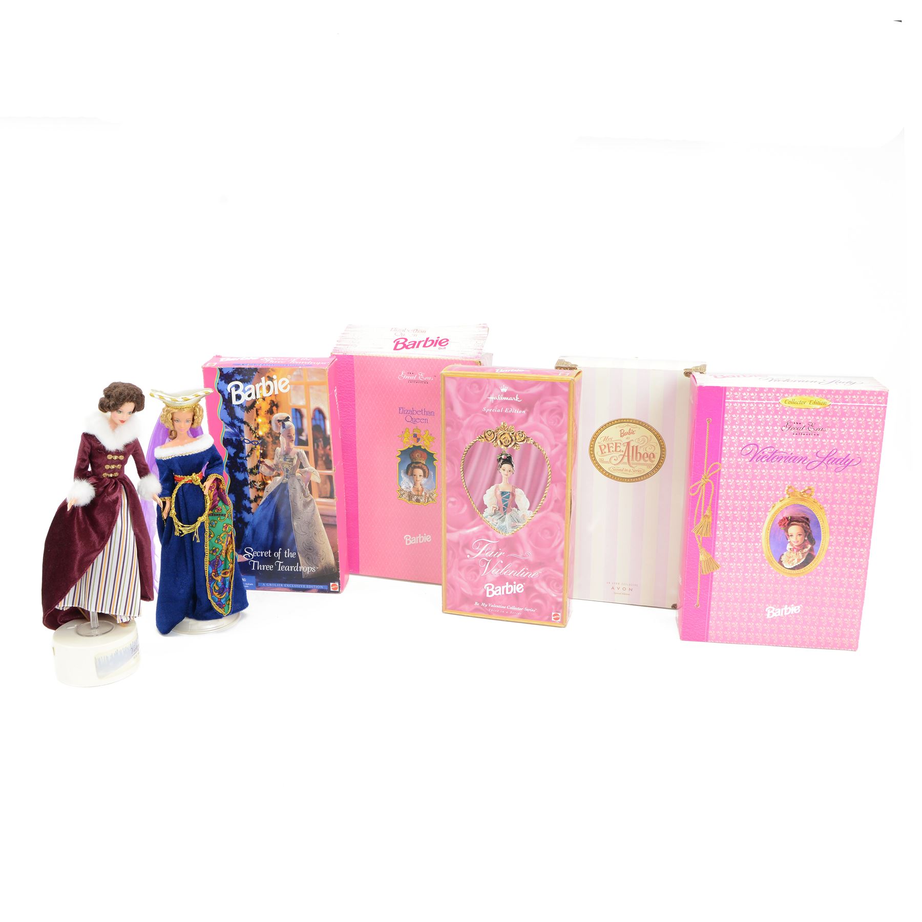 Seven Mattel Collector's Edition Barbie dolls, including Great Eras Victorian Lady, Great Eras Elizabethan Queen, Great Eras Medieval Barbie, Victorian Ice Skater, Avon Mrs PFE Albee Barbie, Hallmark Special Edition Fair Valentine, Secret of the Three Tearpdrops, five boxed