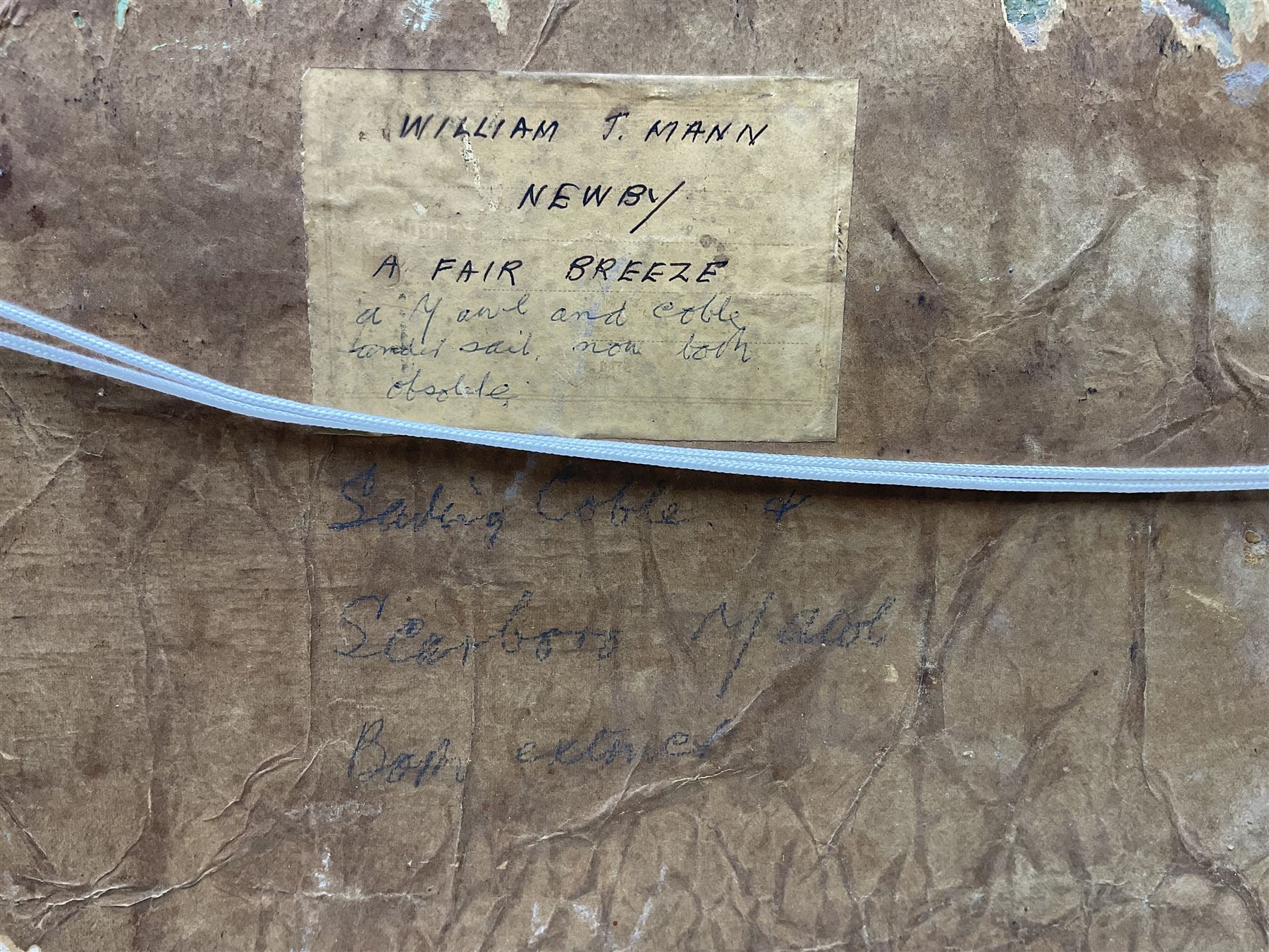 William J Mann (Scarborough early 20th century): 'A Fair Breeze' - Scarborough Yawl and Coble at Sea, oil on panel signed, titled and inscribed 'Newby' verso 33cm x 44cm 
Notes: Mann was a member of the Fylingdales Group of Artists and lived in Newby, Scarborough.