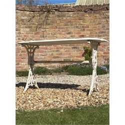 Victorian cast iron garden table by Coalbrookdale, with shaped white marble top on splayed end supports. H71cm, L123cm, D53cm. - COLLECTION BY APPOINTMENT FROM: The White House, Thirsk Road, Easingwold, York, YO61 3NF - CALL 01723 507111 TO ARRANGE