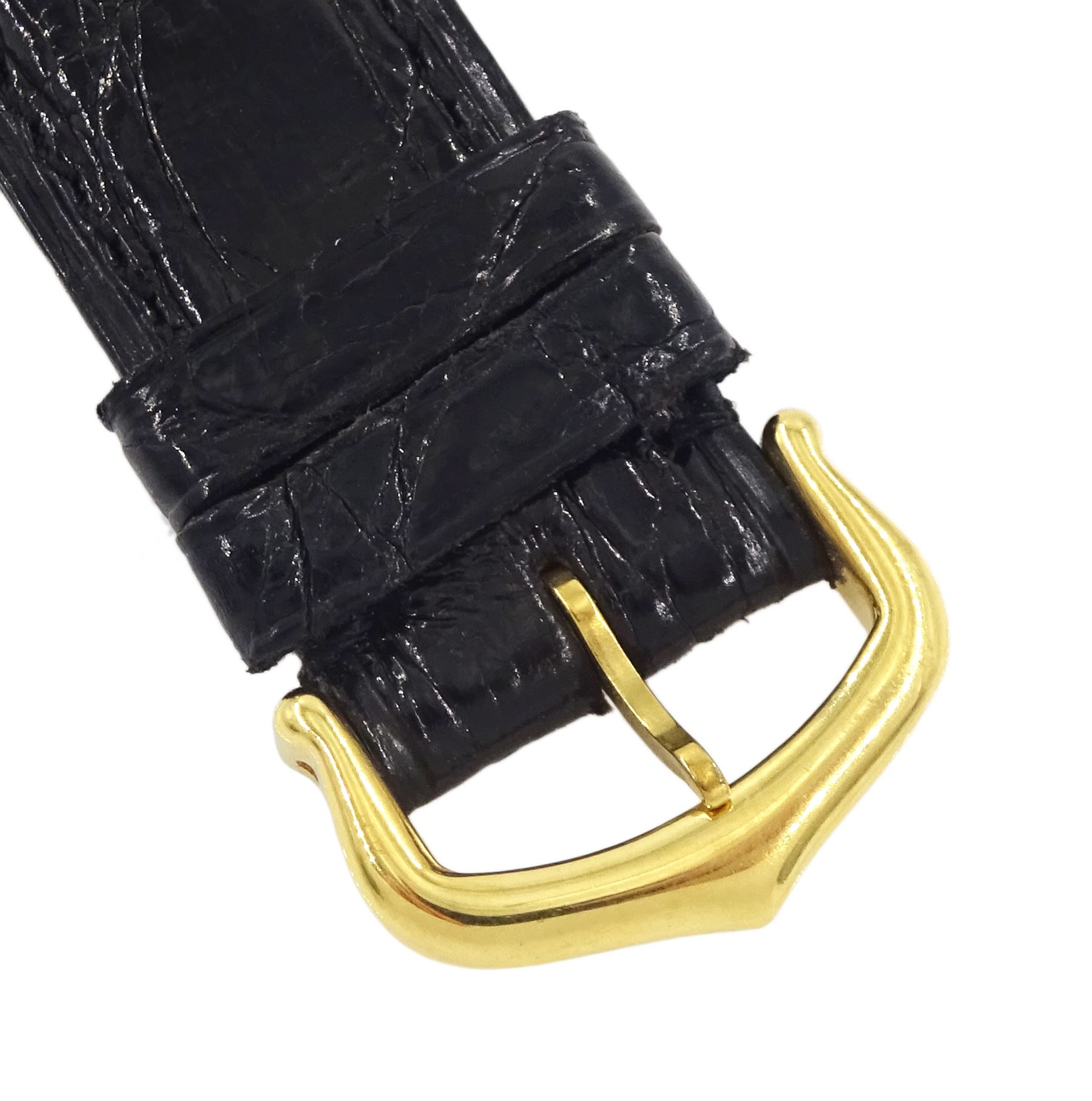 Must de Cartier Tank silver-gilt manual wind wristwatch, black dial with Roman hour markers, hallmarked, on Cartier black leather strap, with gilt buckle, boxed with service papers dated 1994
