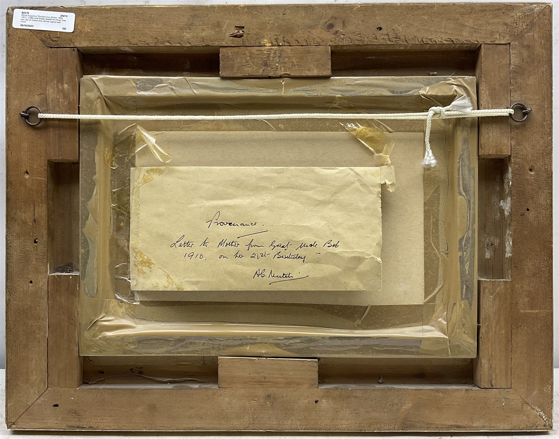 Alfred Augustus Glendening Snr. (British 1840-1921): Cattle and Sheep beside the River Dee, pair oils on board and canvas signed with monograms and dated '09, 19cm x 29cm (2)
Provenance: with original hand written letter of provenance from Uncle Bob (R W Cameron, Tailor of Queen's Road, London) gifting the pictures to his niece Diddy for her 21st Birthday dated March 1st 1910